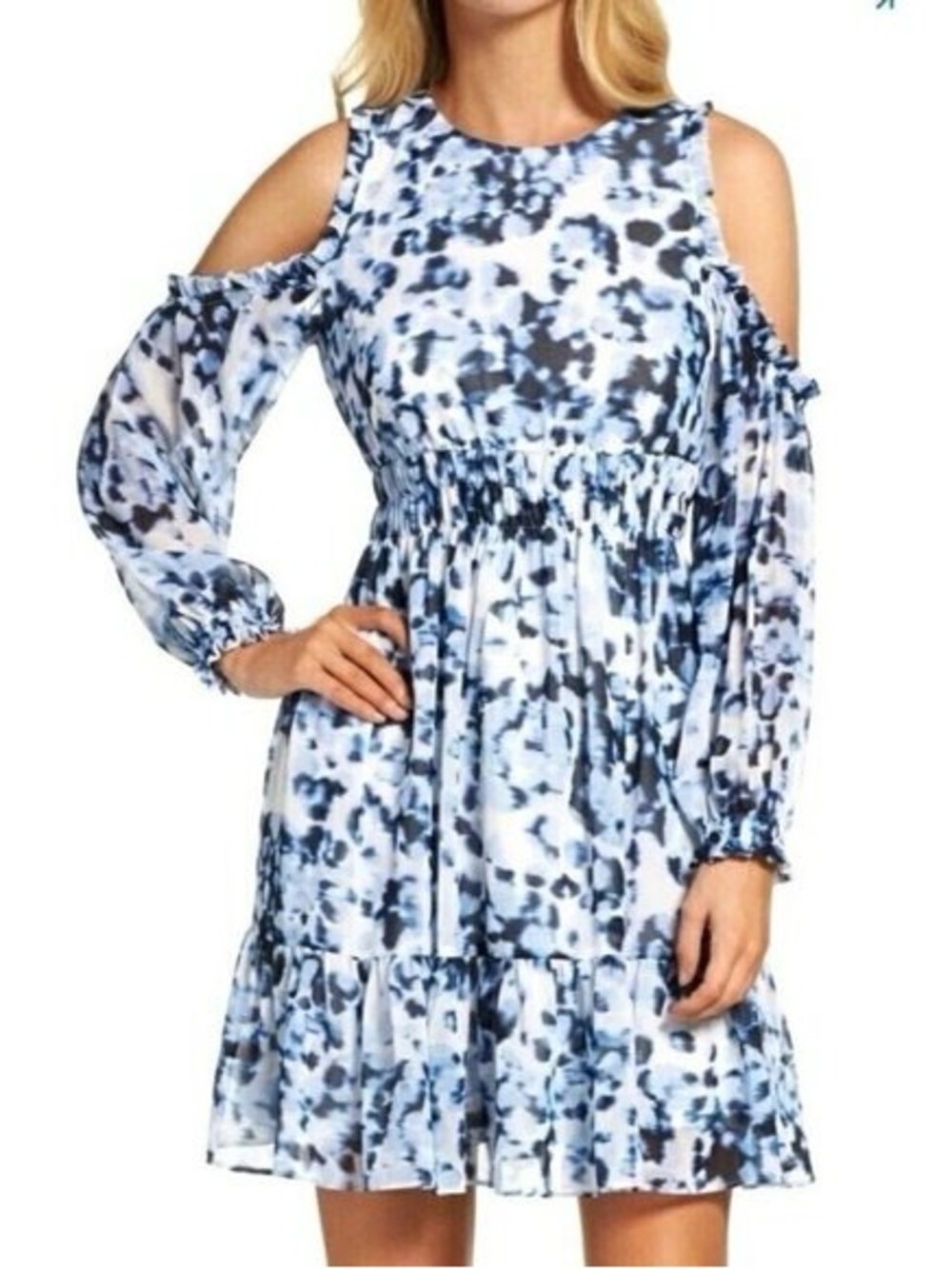 Eliza J Blue and White Cold-Shoulder Tie-Dye Mini Dress
